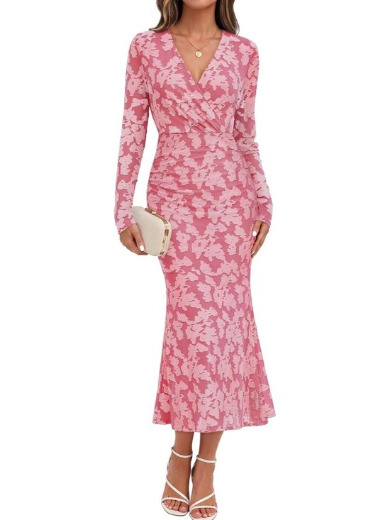 Dresses & Skirts - 〽️Pink Floral Maxi Dress Long Sleeve Wrap V Neck Ruched Waist Ruffle Hem